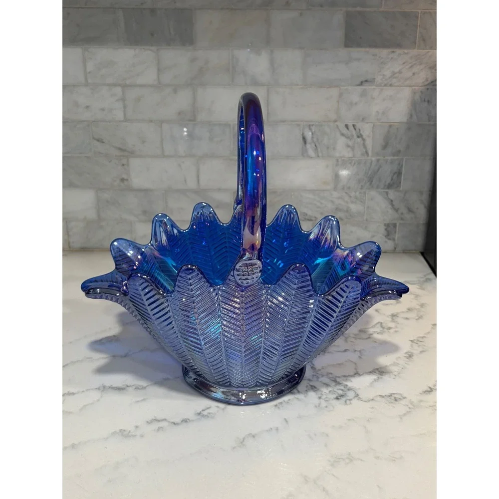 Vintage Cobalt Blue Carnival Glass Basket Iridescent Herringbone Pattern Decor